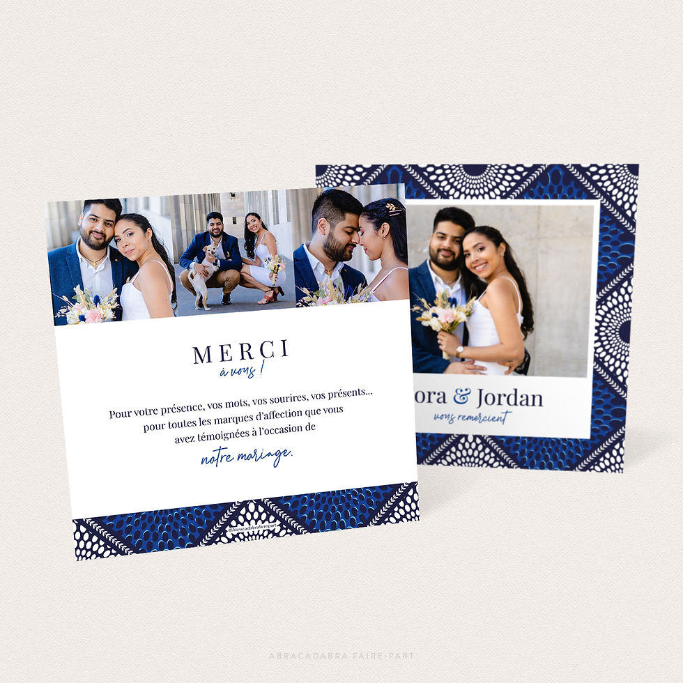 Miniature : carte de remerciement pour mariage africain, avec photo encadrée d'un motif wax bleu et blanc, vue verso