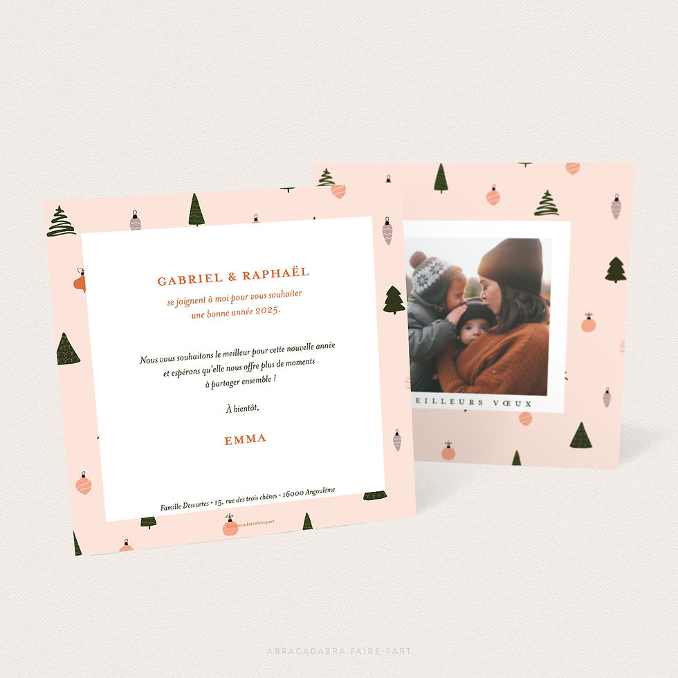 carte de voeux personnalisée pas cher, avec photo, motif vert et orange, sapin et boules de noel, vue verso