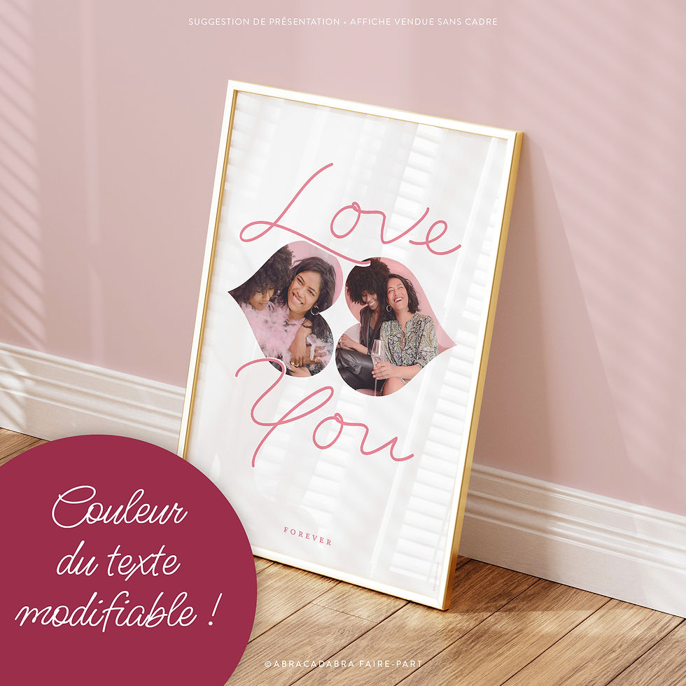 Affiche personnalisée avec photos dans coeurs en forme de bouches se faisant un bisou, texte "Love You" rose
