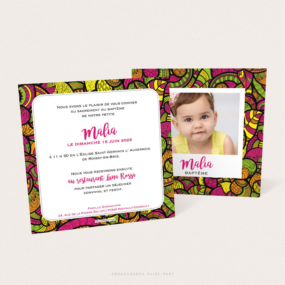 Faire-part baptême africain fille, deux pages, photo sur fond wax, vert, jaune, orange et rose, vue verso