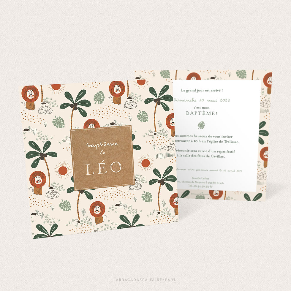 aire-part de baptême sur le thème de la savane avec lions, palmiers et kraft, vue recto