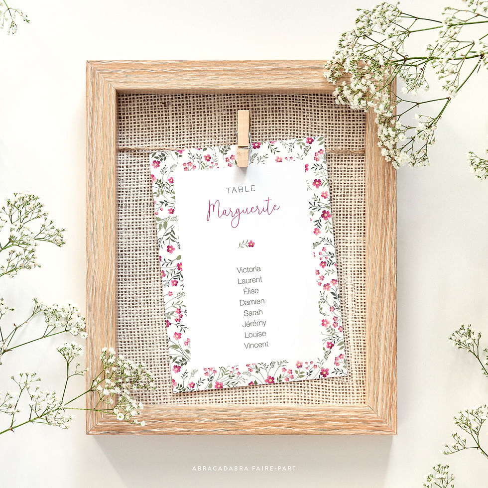 Miniature : carte nom de table pour mariage avec fleurs fuchsia, esprit romantique et champêtre