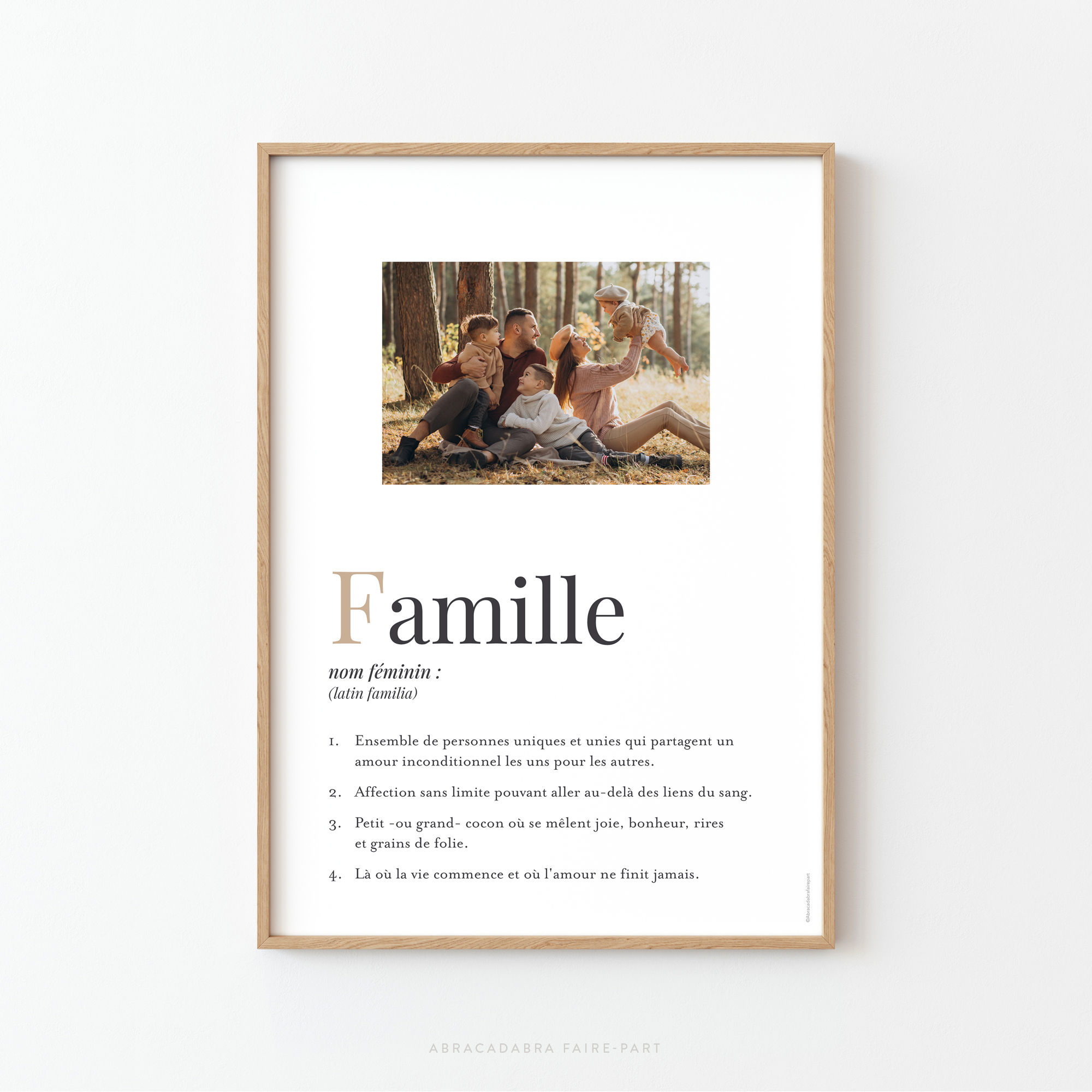 affiche famille personnalisée avec description façon dictionnaire, et photo de famille