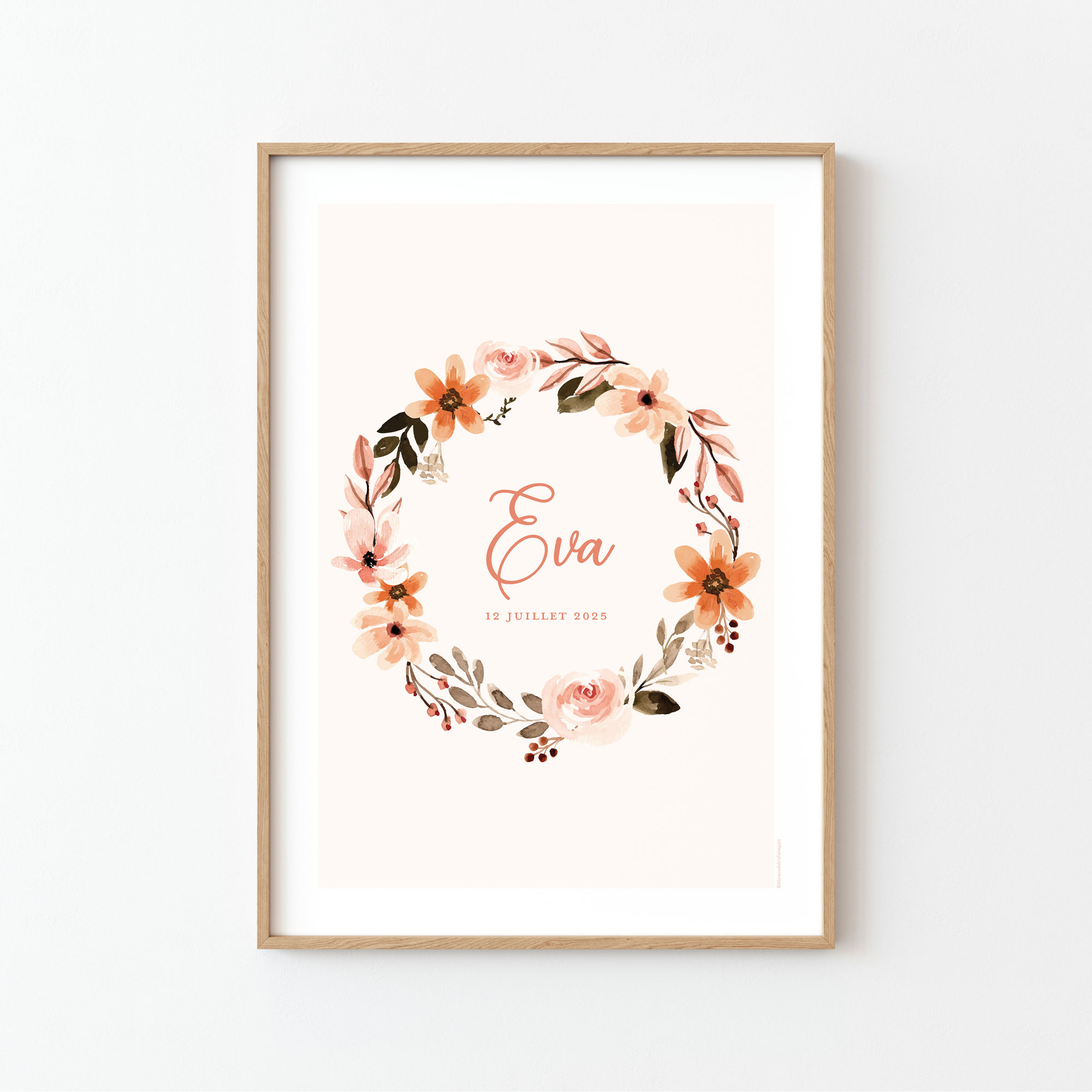 Affiche naissance personnalisée couronne de fleurs estivale aquarelle, cadre bois