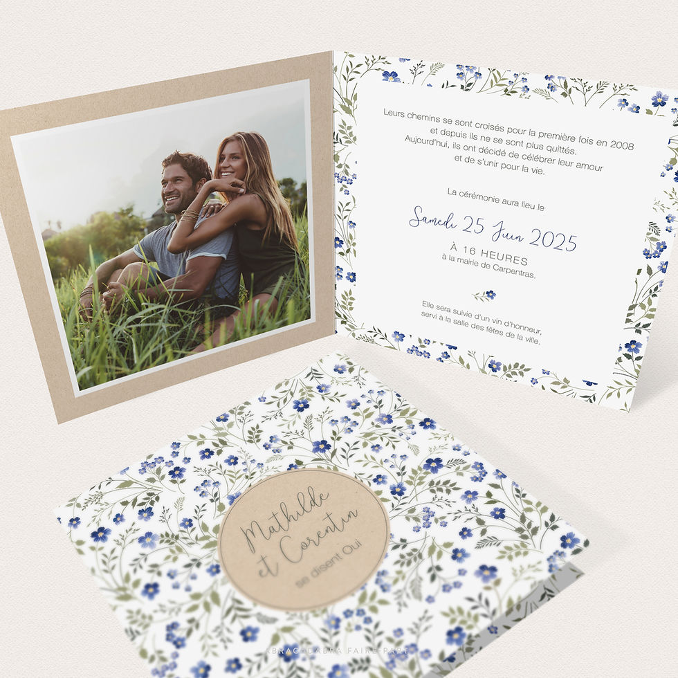 Miniature : Faire-part de mariage romantique, avec motif style Liberty aux fleurs bleues, vue ouvert