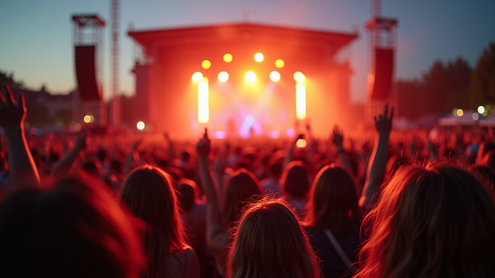 Eye-level view of a lively outdoor concert with a cheering crowd