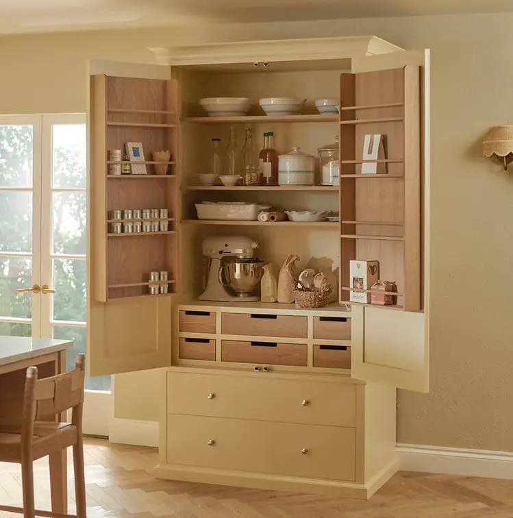 Diese geräumige Vorratskammer vereint die Flexibilität freistehender Schränke mit dem eleganten Shaker-Stil unserer Suffolk-Kollektion. Sie ist aus hochwertigem Massivholz gefertigt und verfügt über einen lackierten Rahmen, der das Eichenholz-Interieur mit seinen verstellbaren Zickzack-Regalen für flexible Aufbewahrungsmöglichkeiten ergänzt. Praktische Innenschubladen aus Eichenholz und durchdacht gestaltete Türregale halten Ihre Küchenutensilien stets griffbereit. Zwei tiefe Schubladen bieten zusätzlichen Platz für größere Gegenstände wie Tischwäsche und Küchengeräte.