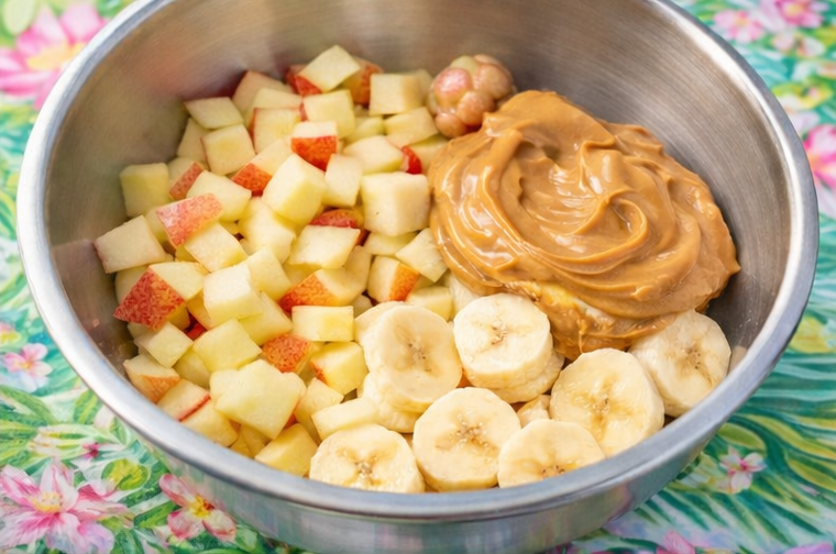 organic apples, bananas, and peanut butter for ingredients for gourmet dog treats