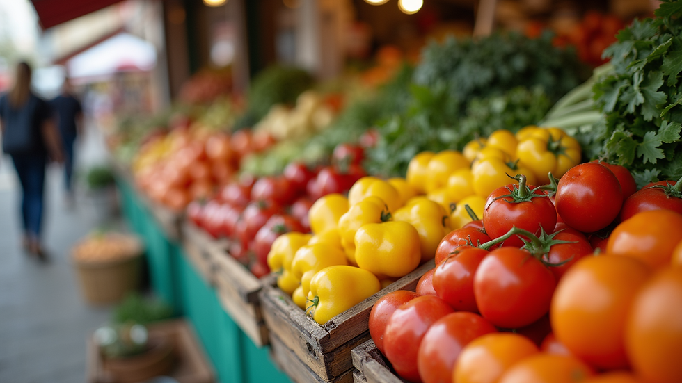 Eye-level view of a vibrant market stall filled with fresh fruits and vegetables