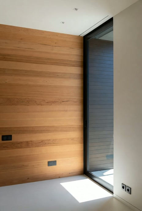 Wood wall with glass window installation