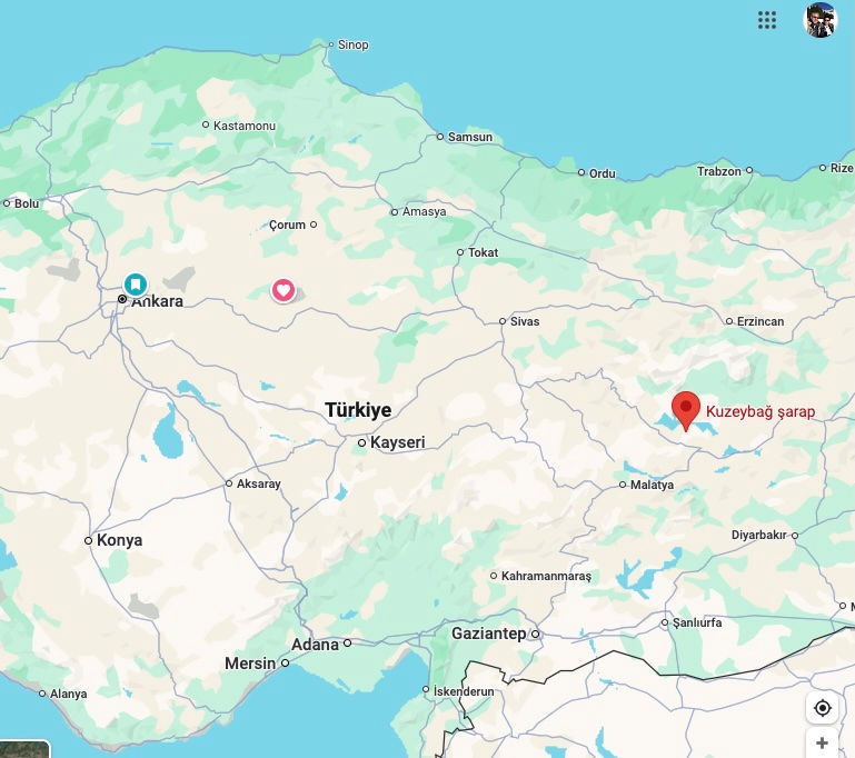 Map of Türkiye showing cities like Ankara, Konya, and Sivas. Red pin marks Kuzeybağ Şarap. Green and beige terrain with visible roads.