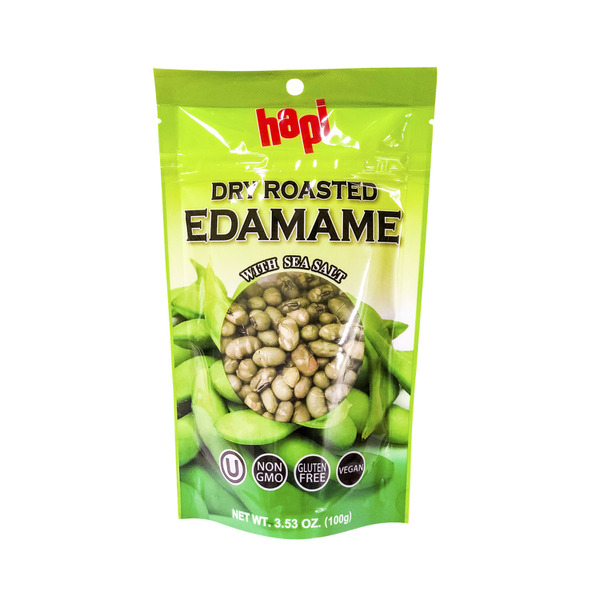 Dry Roasted Edamame in a green packet. Great for snacking and to add to hiking meals for protein.