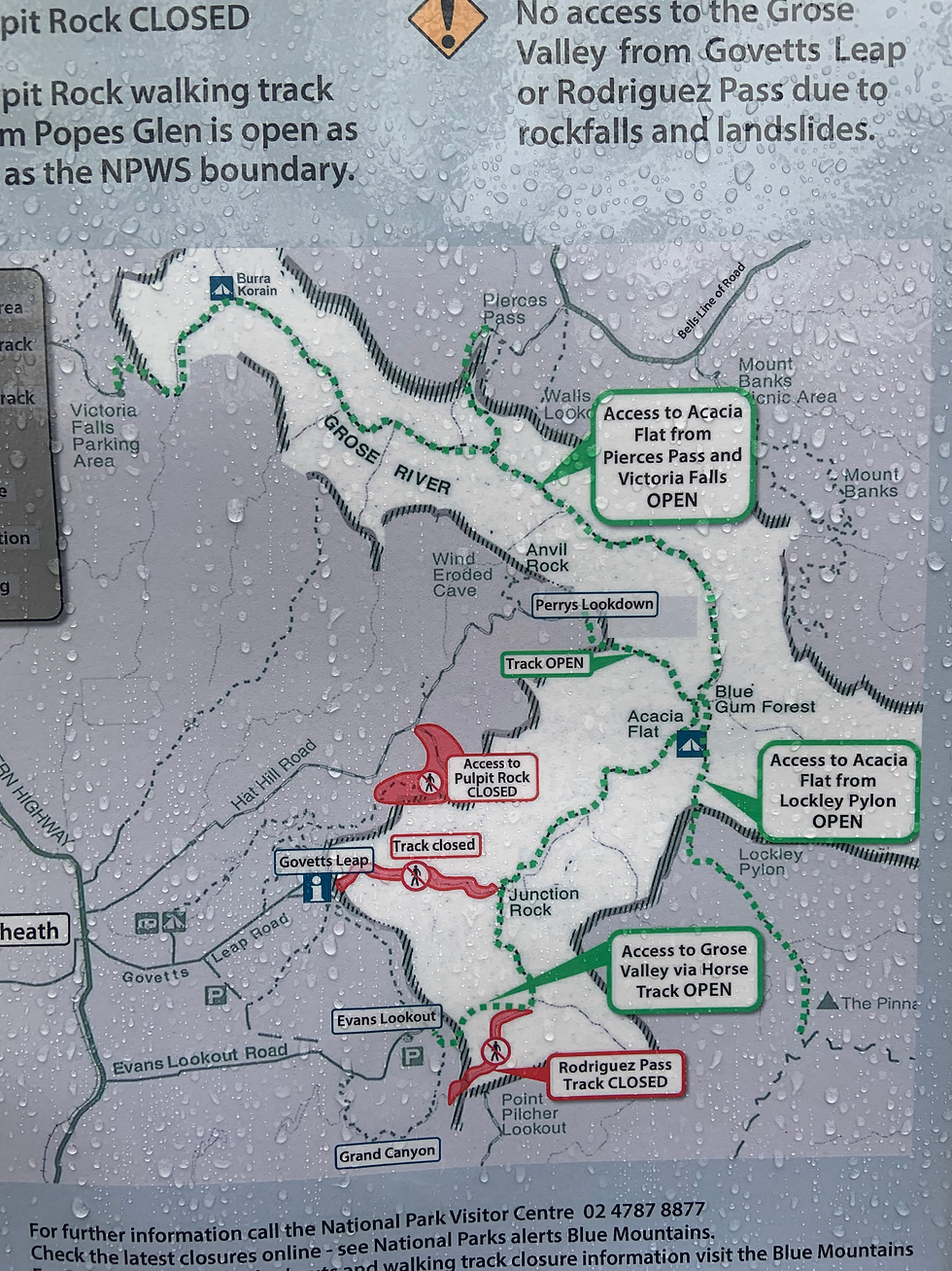 Blue mountains trail map detailing routes for Acacia flat campground, Burra Korain, Pierces Pass, Govetts Leap, Evans Lookout, Perrys Look down, Locky Pylon tracks. Shows site closures. Ideal for hikers and backpackers.