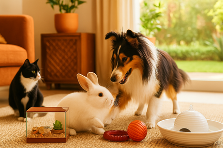 Cão, gato, coelho e lagarto, todos numa sala de estar