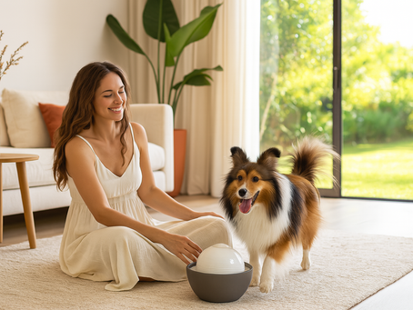 Dia de verão, cão sheltie com a tutora e um bebedouro fonte