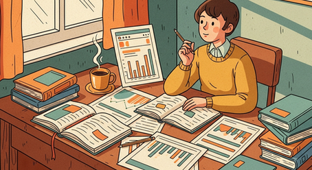Vintage cartoon illustration of a marketing analyst at a cozy desk with open notebooks, dashboards, coffee, and pencil