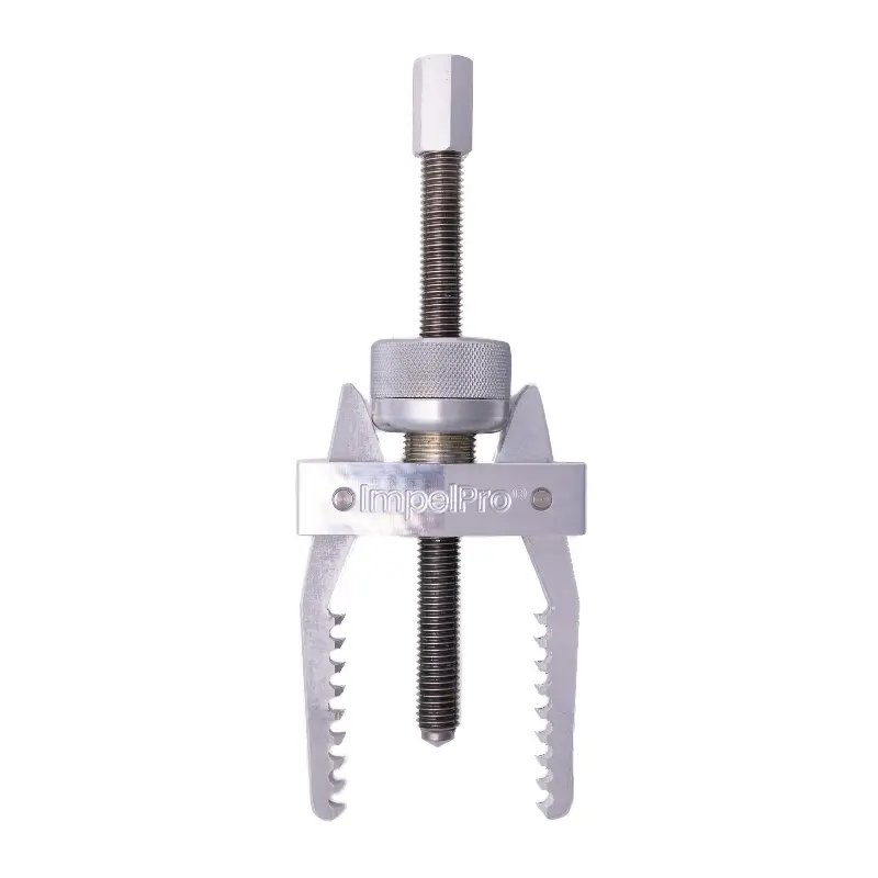 ImpelPro Large impeller puller front view showing knurled thumbscrew, machined aluminum strongback, and piercing teeth arms f