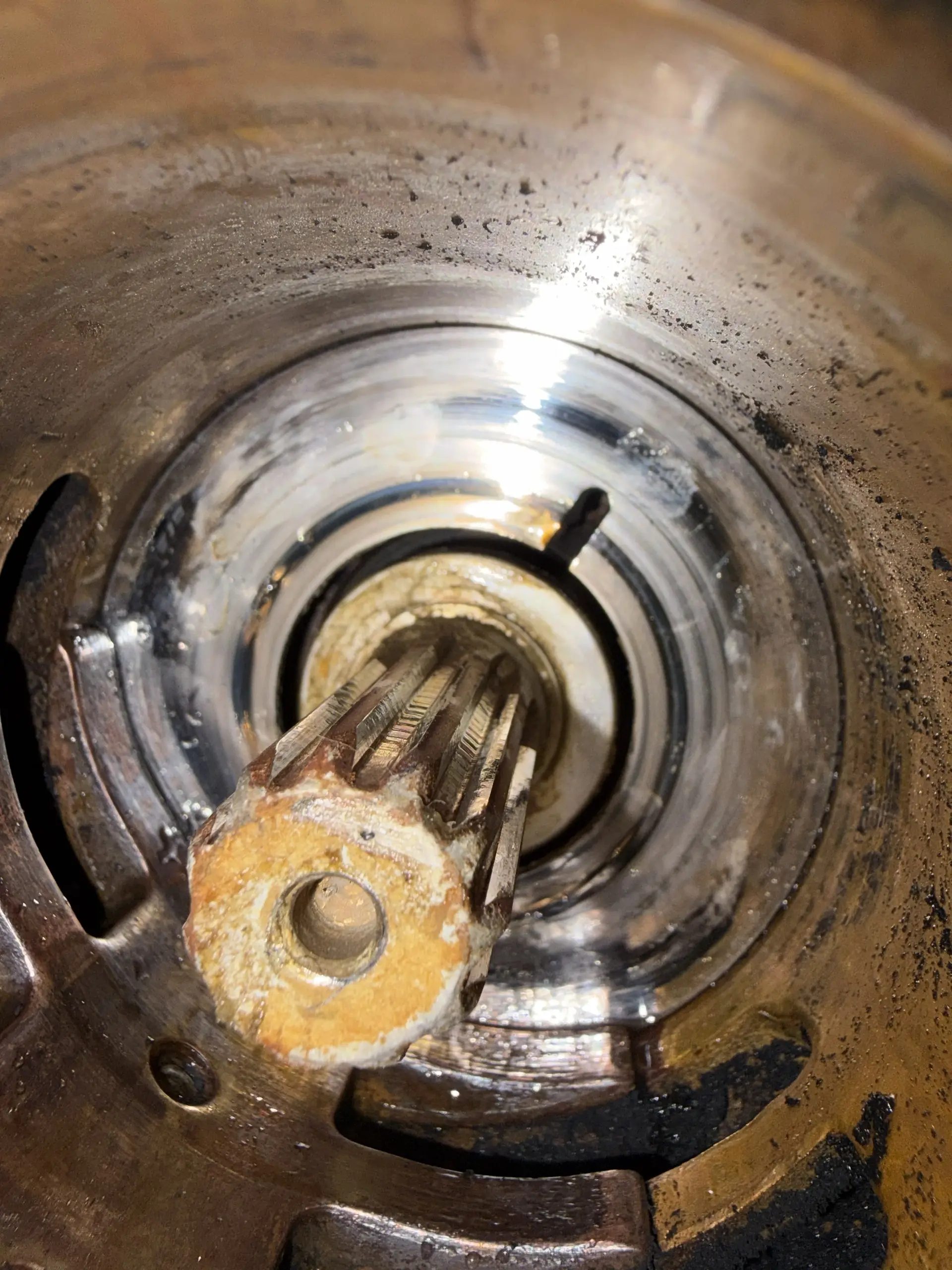 Rubber dust inside a marine raw water pump housing after failed impeller removal