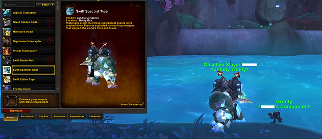 World of Warcraft Legacy Warrior Account with Corrupted Ashbringer, Swift Spectral Tiger, Full Tier 3 Set, Rare BlizzCon Pets, and 290+ Mounts including Invincible and Time-Lost Proto-Drake.