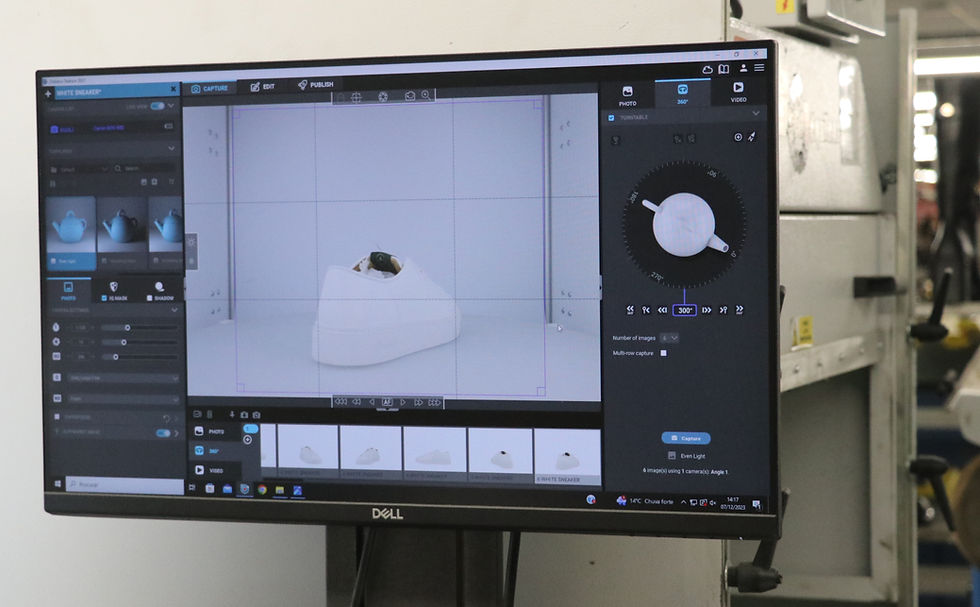 AI-Guided Precision Assembly. A robotic arm precise attaches a midsole while a suspended AI vision system (green cameras) provides real-time quality control scanning.