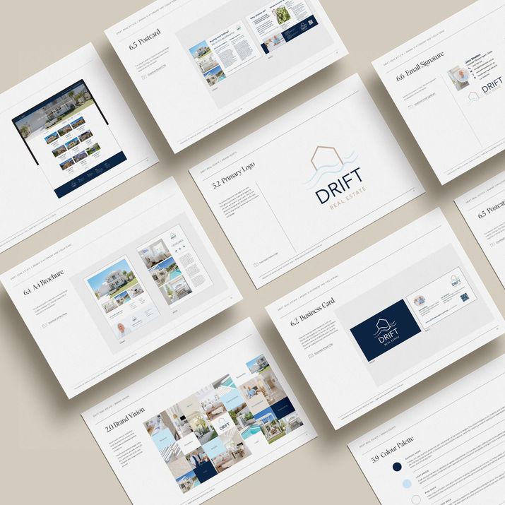Drift Real Estate brand presentation slides showing website layouts, brand elements and visual system