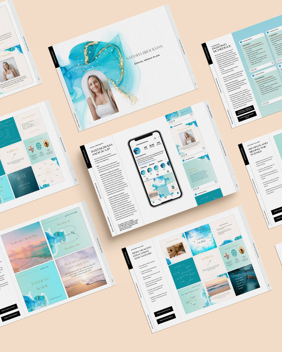 Natasha Brockman Energy Healing brand assets and website pages arranged to show colour palette, layout and content hierarchy