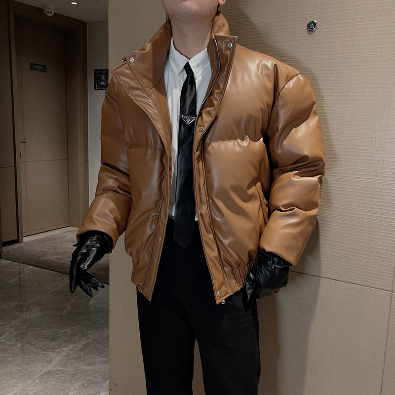 Miniatura: Winter Leather Jacket Men Oversize Stand Collar Casual Puffer Parka Thicken Keep