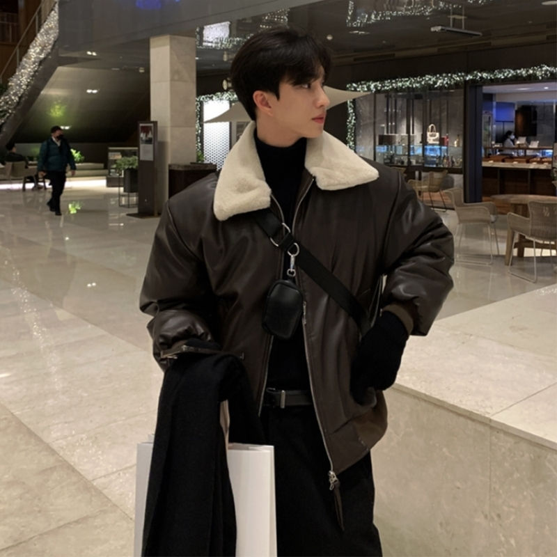 Miniatura: Winter Jacket Men Warm Brown Black Thick Leather Jacket Men Streetwear Korean Lo