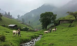 Hilly area with fresh farms, cows , a stream, 2 farmers working in the farms and himalayas
