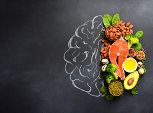 A picture of the brain drawn in chalk with various food products_ fish, meat, nuts, vegeta
