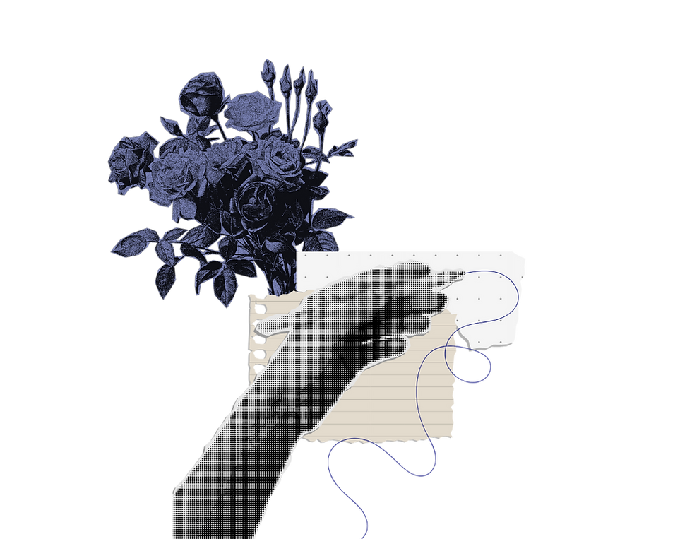 A hand stylized in halftone scribbling over a ripped piece of lined paper and dotted paper. A blue bouquet of flowers comes out of the left side.