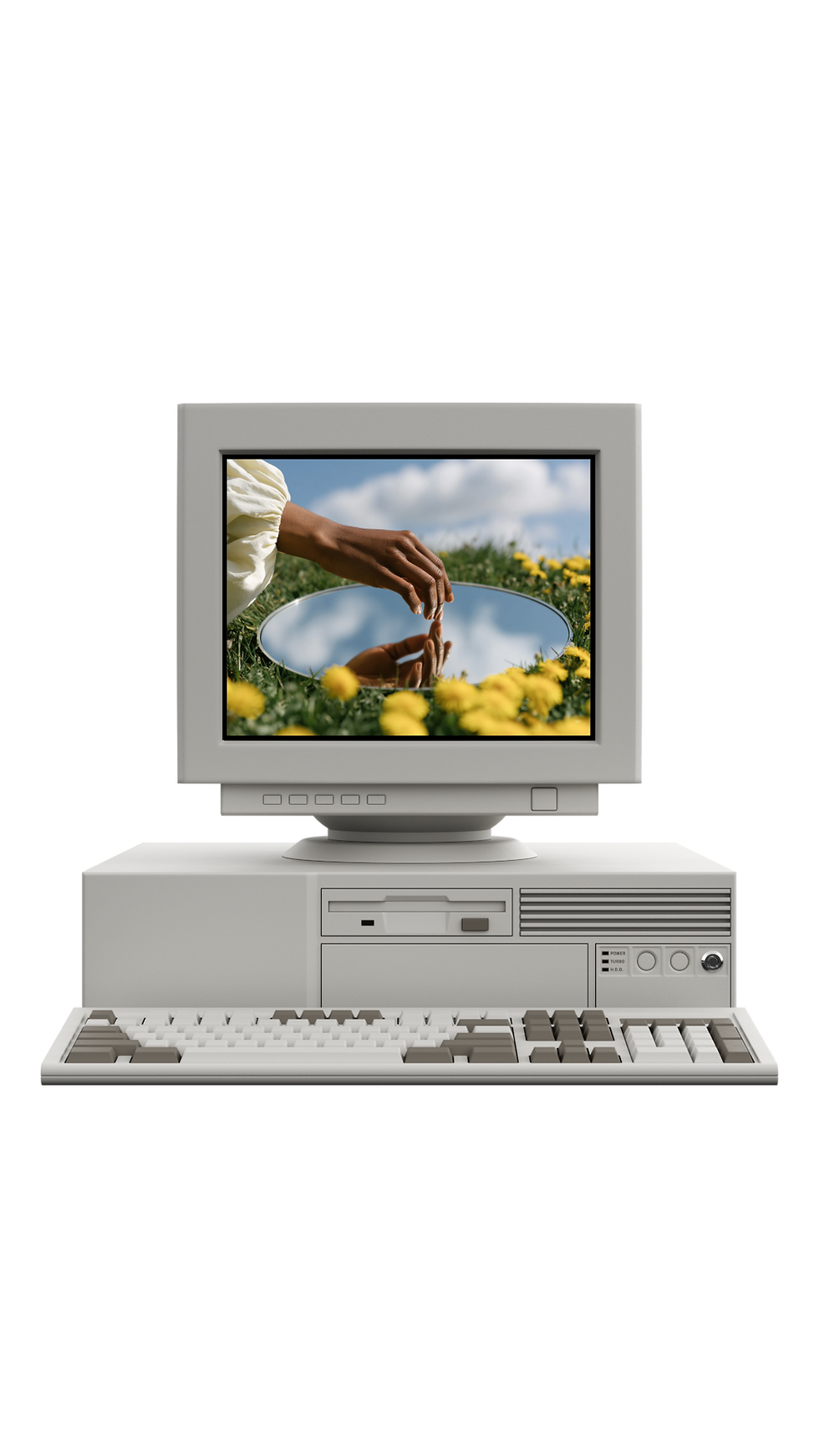 A vintage computer showing a lady with brown skin and a white balloon sleeve touching a mirror in a field of flowers.