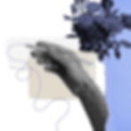 A hand stylized in halftone scribbling over a lined and dotted piece of paper. A blue bouquet is on the right, in front of a piece of ripped blue paper.