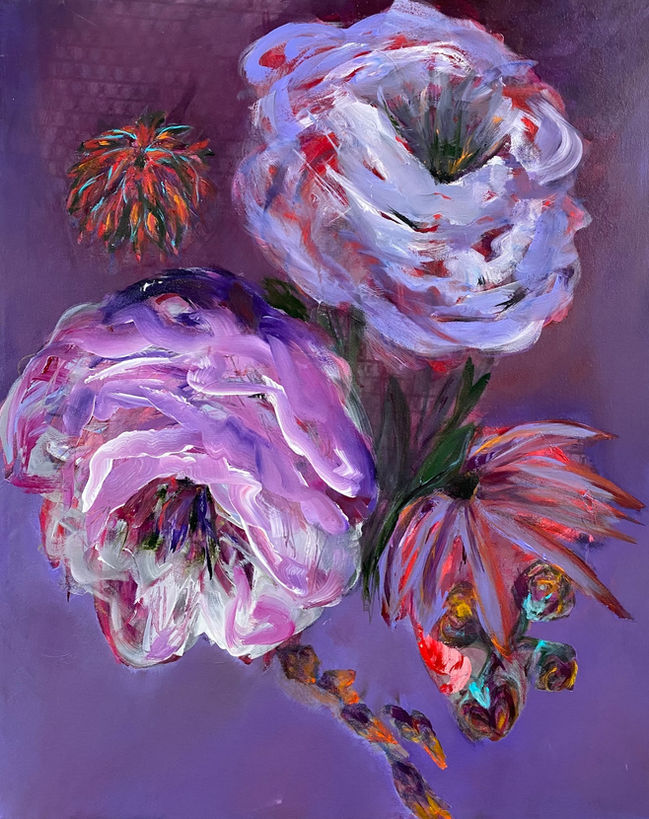 Abstract artwork with two large floating peonies and smaller flowers in soft purples, accented by hues of red and turquoise, creating depth.