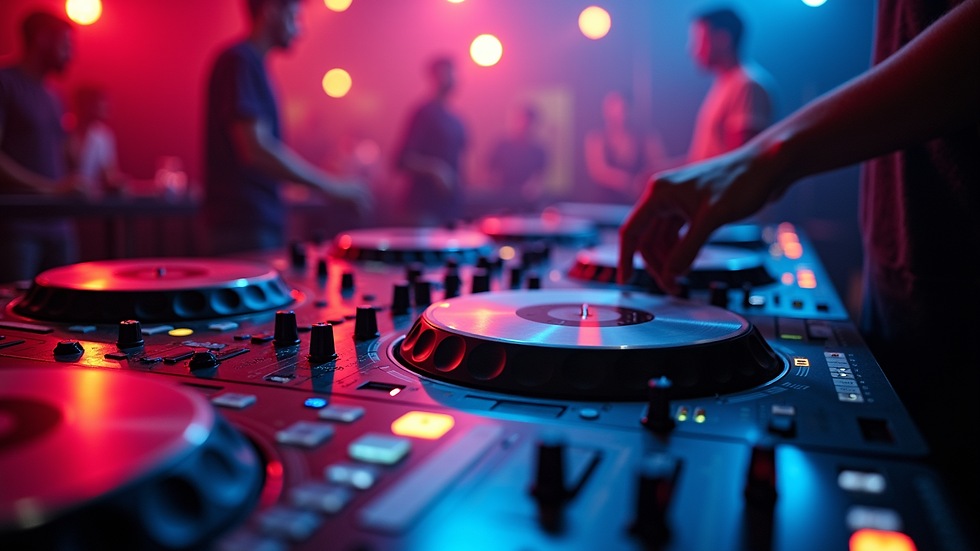 Vue rapprochée d'une table de mixage DJ avec des lumières colorées