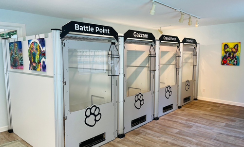 Private indoor, climate-controlled 4x6 suite (24 sq. ft.) for meals and sleeping, with elevated dining dishes and raised orthopedic beds designed for each pup's comfort