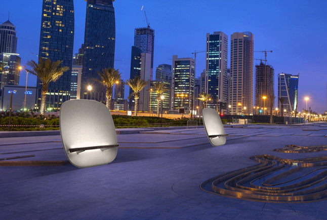 Satellite park benches on concrete wall by mmcité