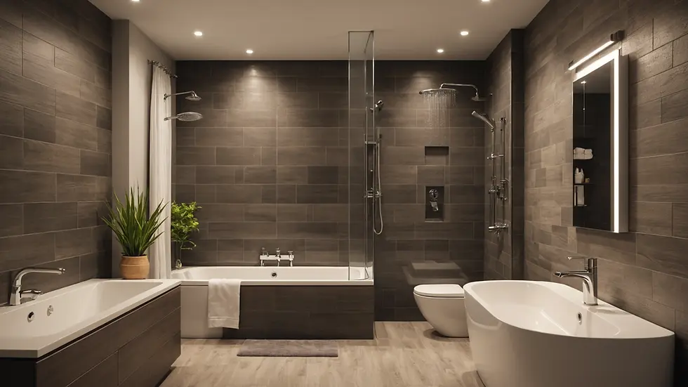 Eye-level view of elegantly tiled bathroom showcasing modern shower fixtures