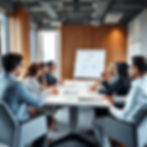 modern, professional business meeting in progress inside a well-lit, upscale office. A di