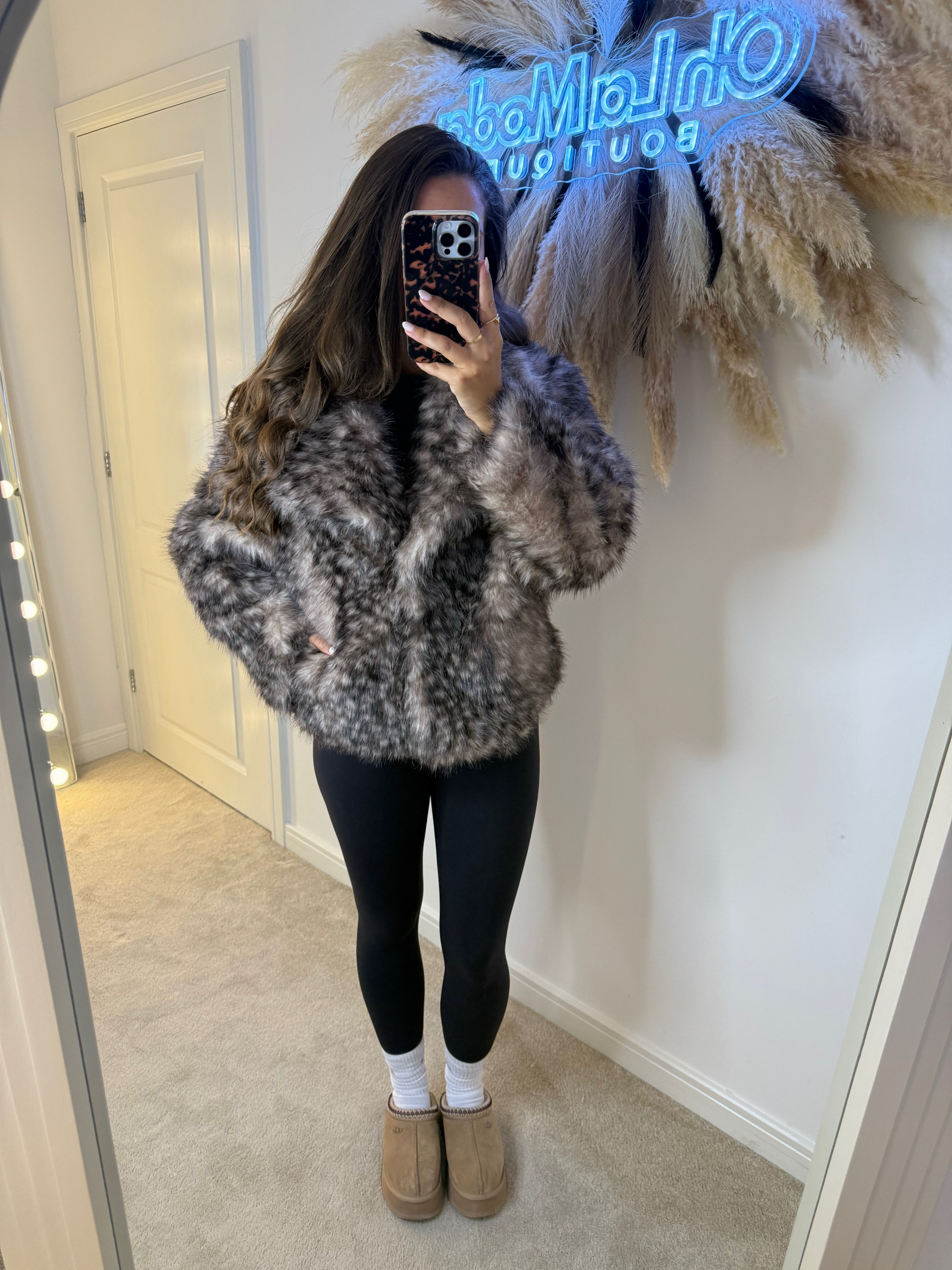 BLACK MIX FAWN FAUX FUR JACKET