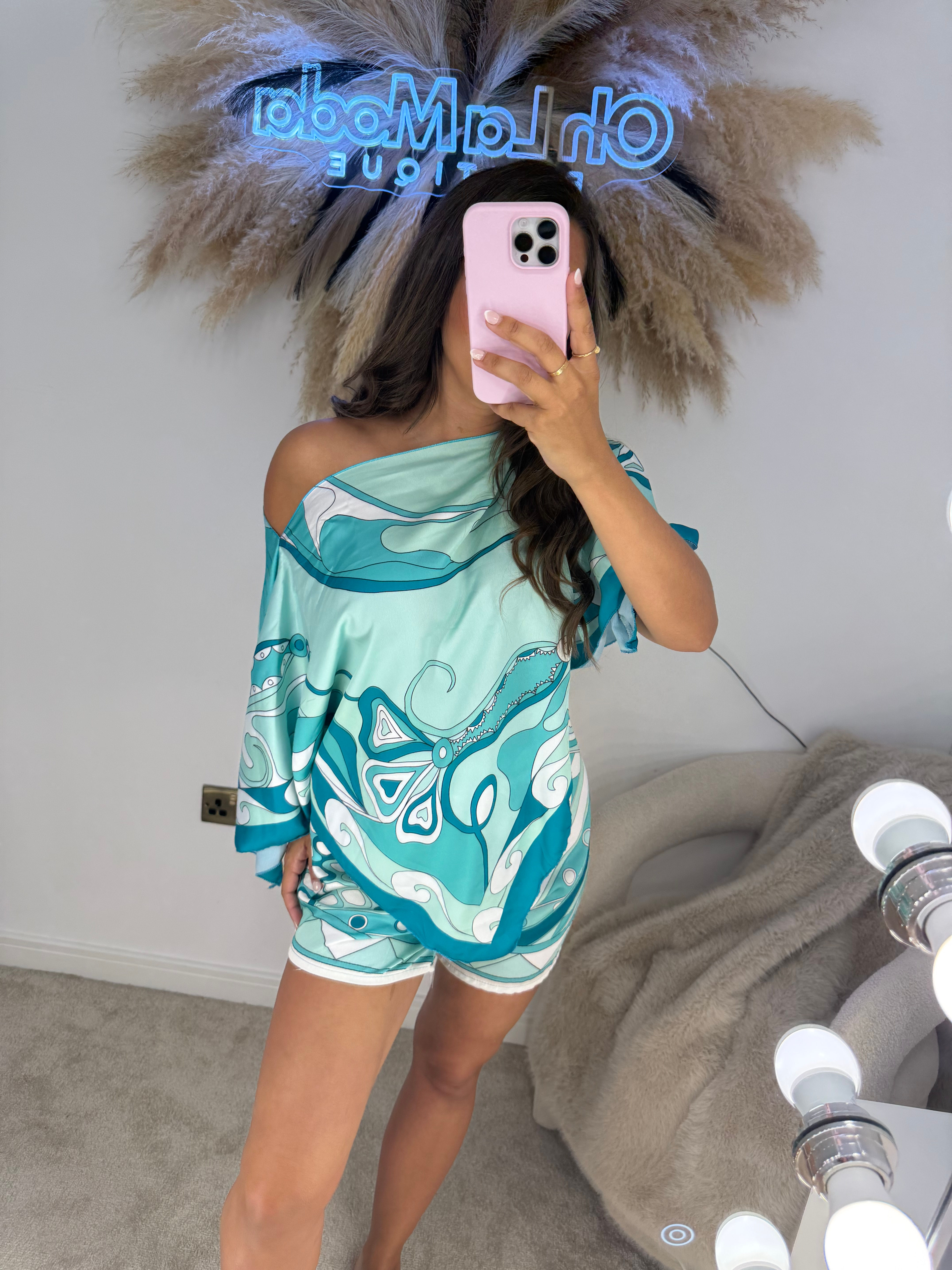 TURQUOISE SATIN CAPE TOP & SHORTS CO-ORD