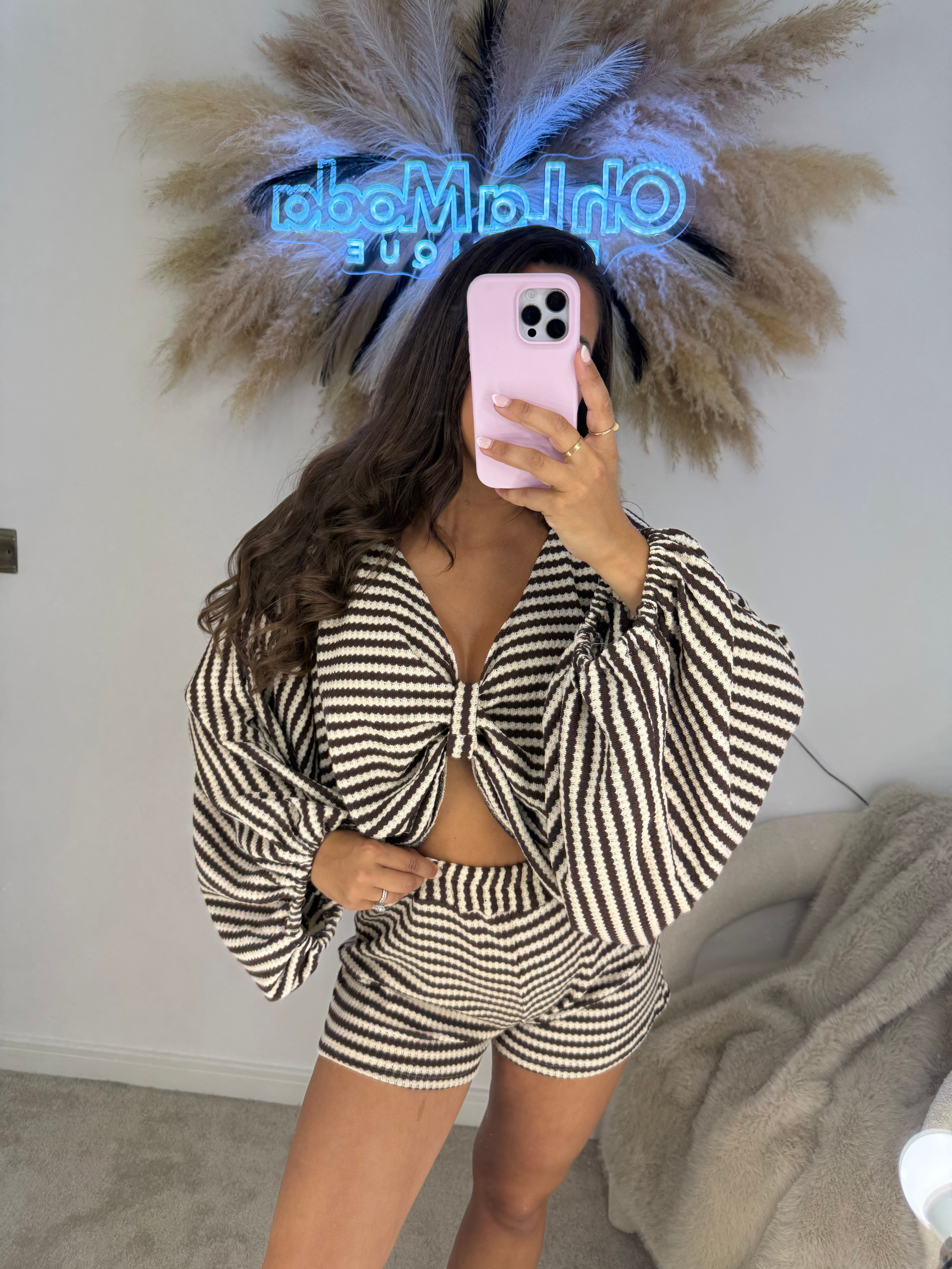 BROWN STRIPE KNIT FRONT TIE CO-ORD