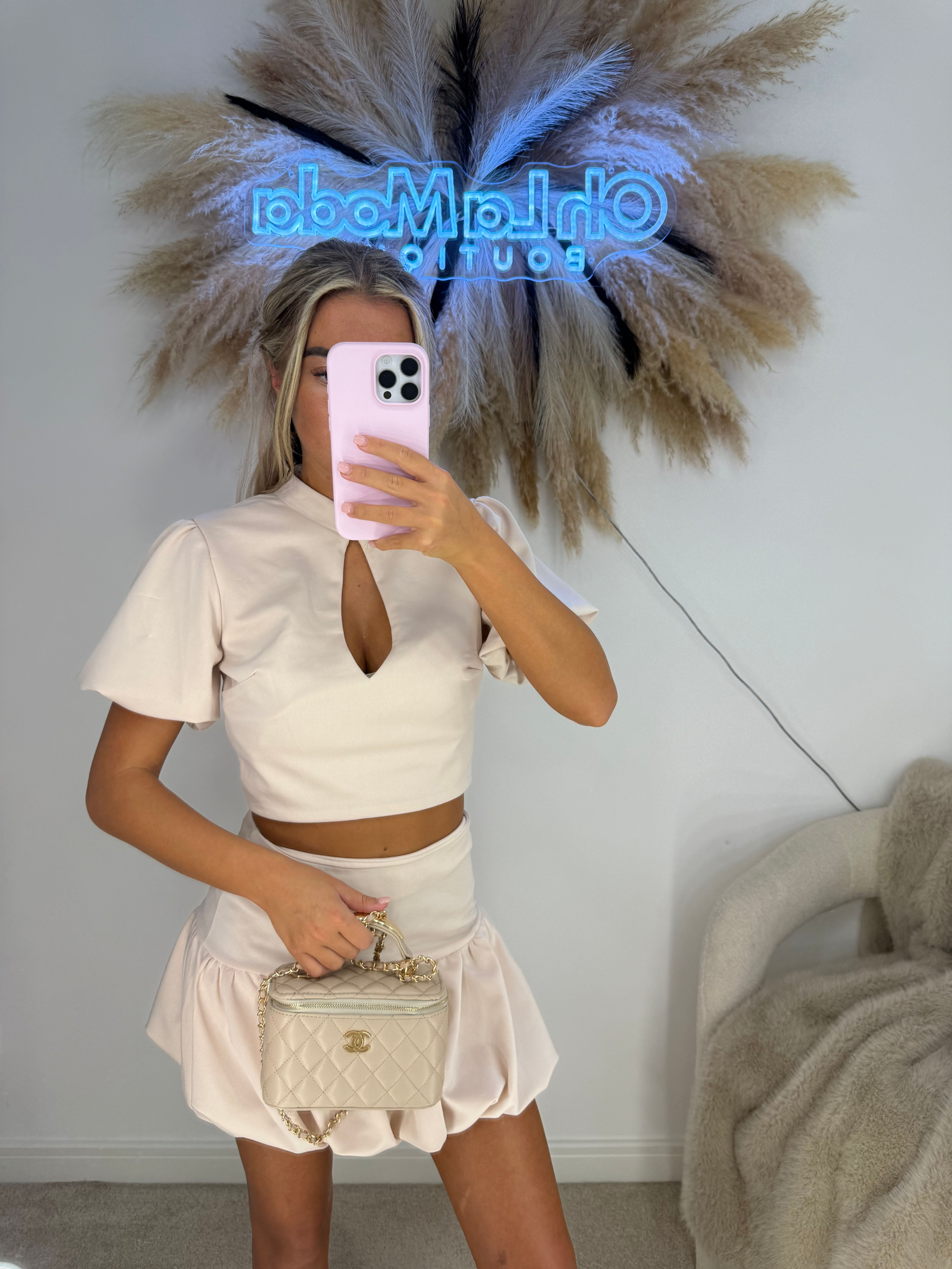 BEIGE PUFF SLEEVE TEARDROP SKIRT CO-ORD