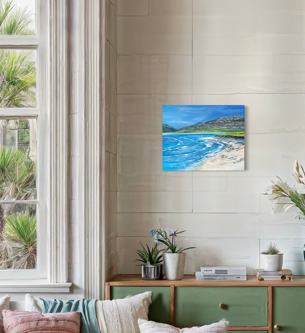 Thumbnail: View of Luskentyre Painting displayed on a wall above a green table with vases