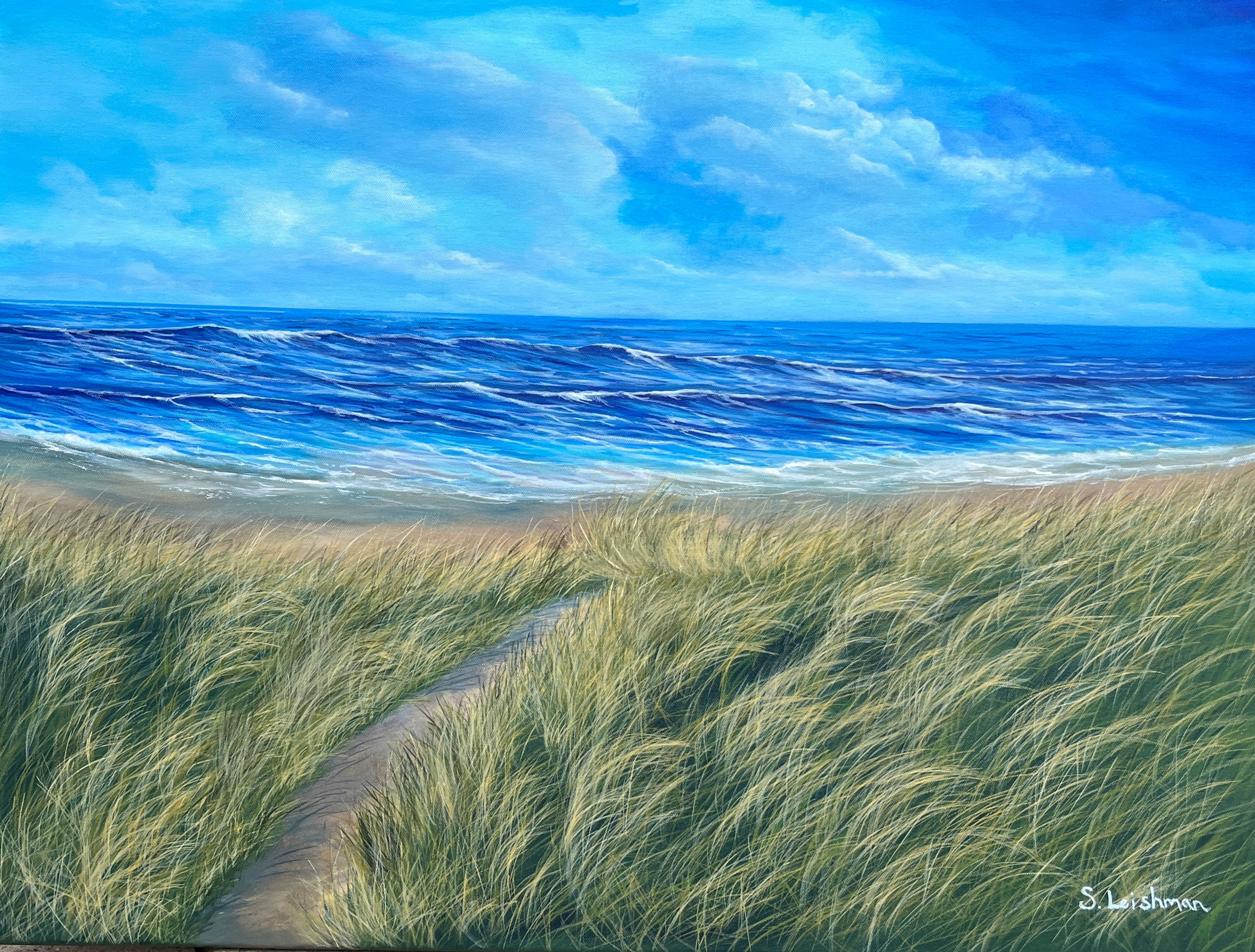 Original Scottish seascape painting of Ayrshire sand dunes and coastal grasses in acrylic on canvas by Susan Leishman