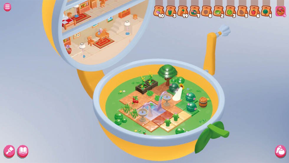 An open capsule toy that contains a mini garden