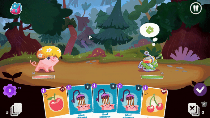 A pig in a shower hat choosing cards to defend and clean a snail covered in evil green goo