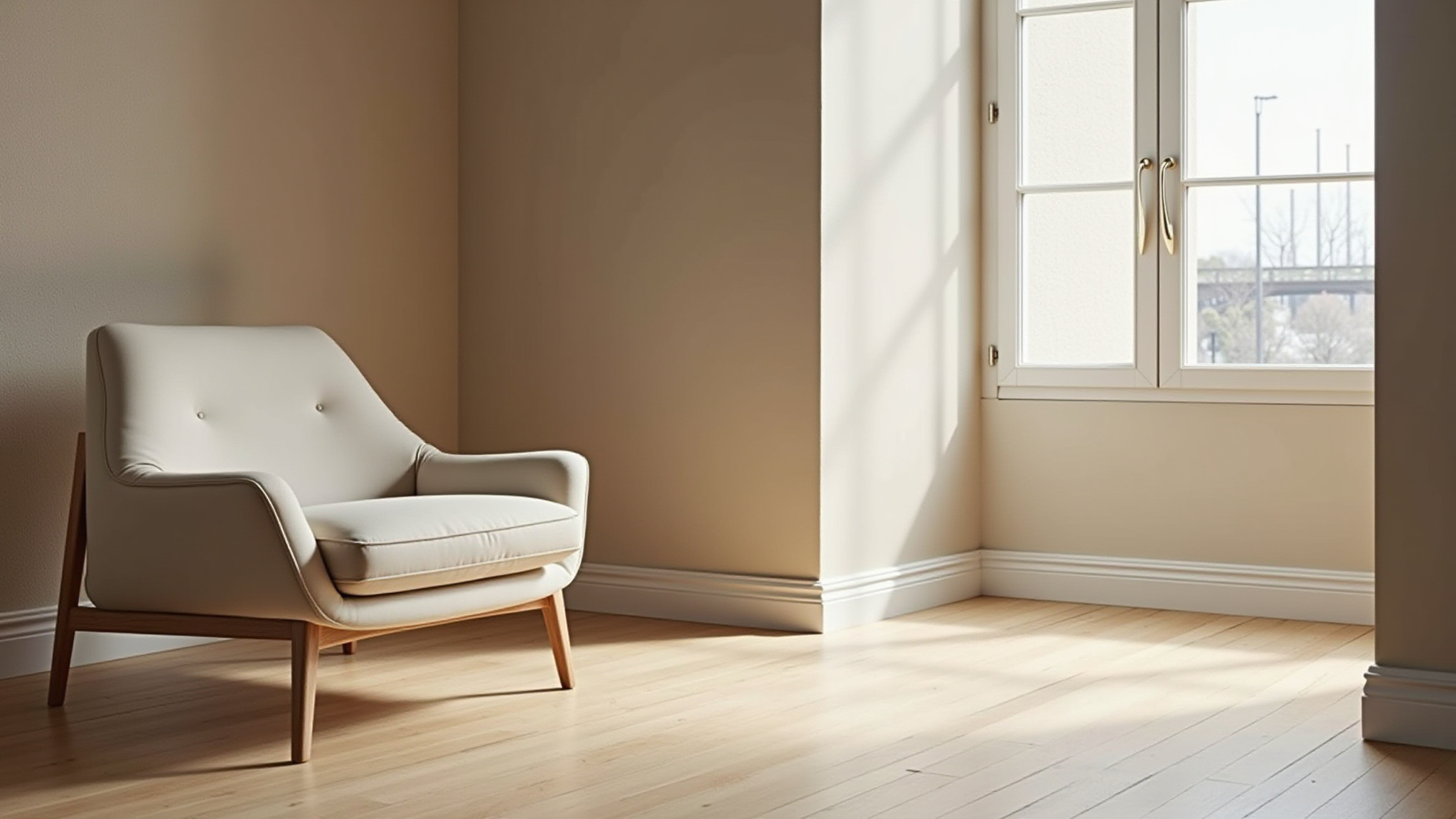 Bright room with modern armchair and sunlit window