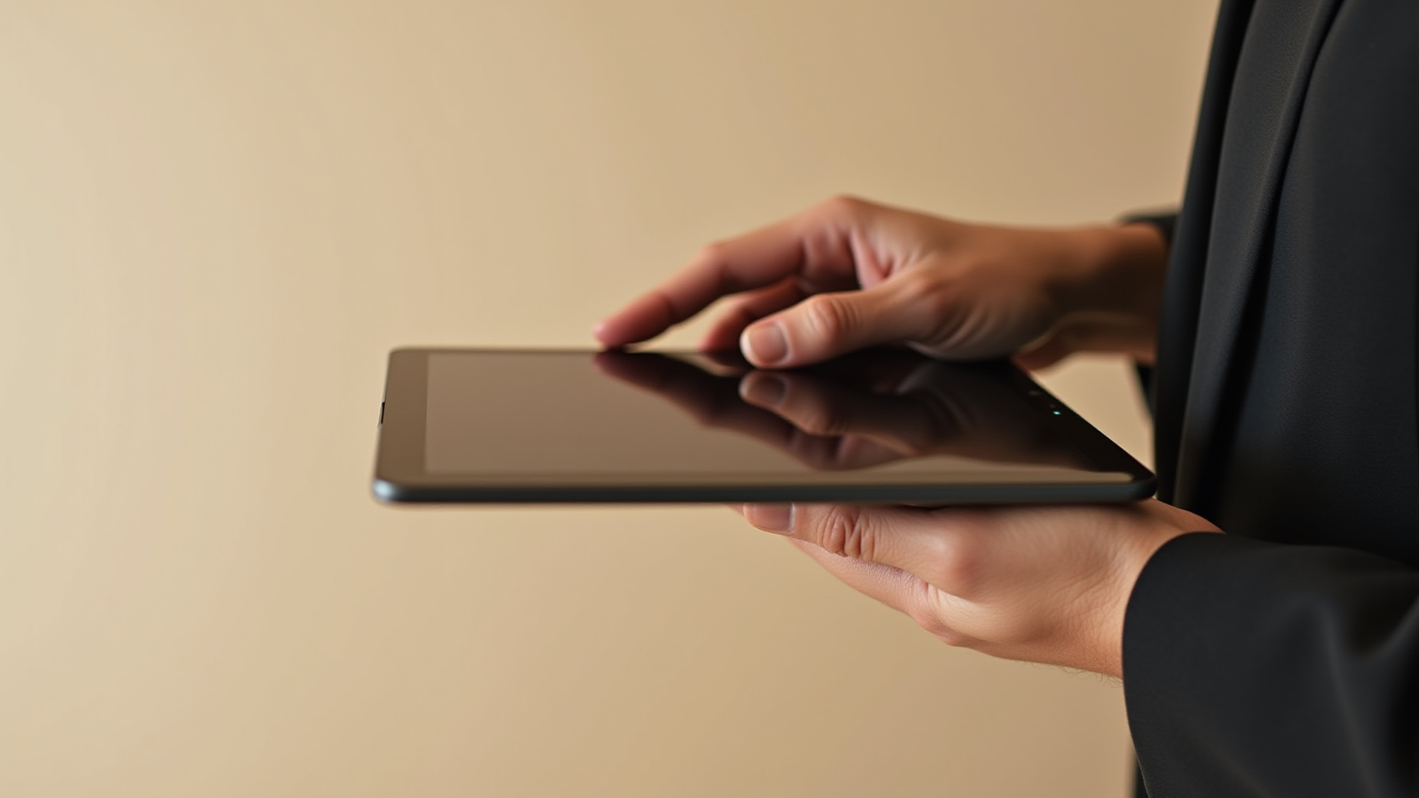 Hands interacting with a digital tablet screen