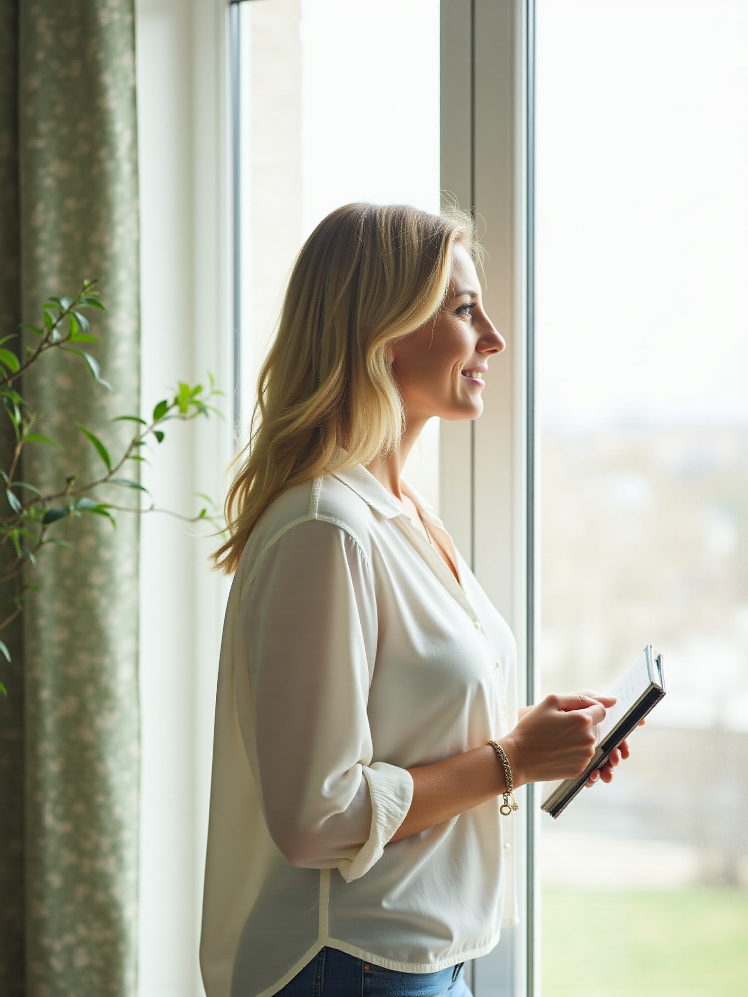 Blonde woman holding a tablet looks out a window